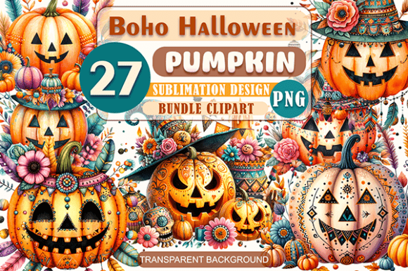 Download Boho Halloween Pumpkins Clipart Bundle - Art Collection