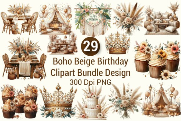 Download Boho Beige Birthday Clipart Bundle PNG - Art Collection