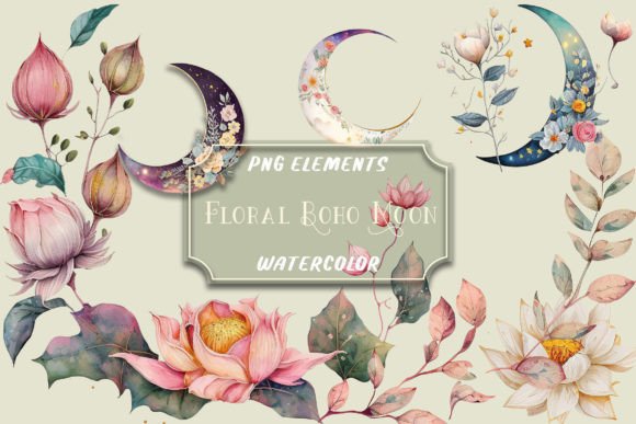 Download Watercolor Floral Boho Moon Clip Art Png - Art Collection