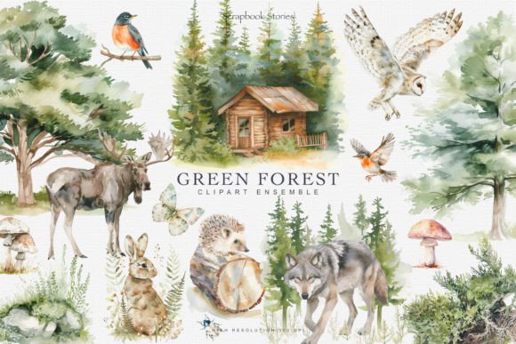 Download Watercolor Green Forest Clipart Set - Art Collection