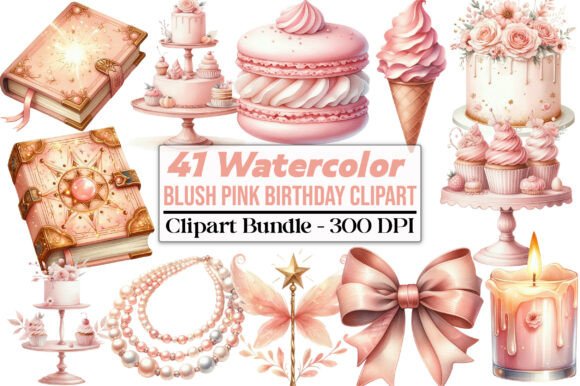 Download Watercolor Blush Pink Birthday Clipart - Premium Bundle