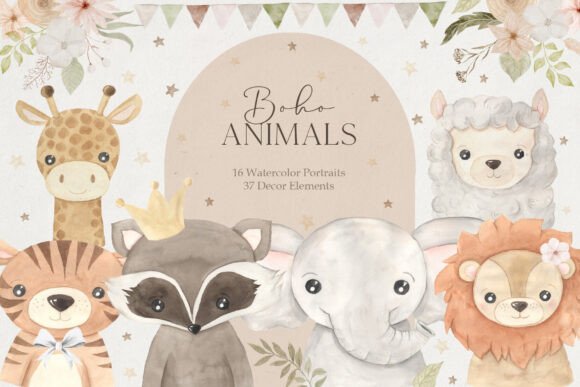 Download Boho Animal Portraits Watercolor Clipart - Art Collection