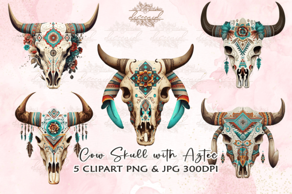 Download Watercolor Cow Skull with Aztec Clipart - Art Collection