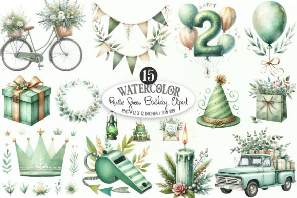 Download Rustic Green Birthday Watercolor Clipart - Art Collection