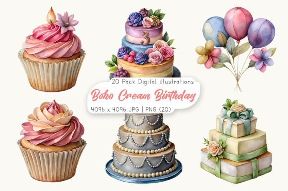Download Watercolor Boho Cream Birthday Clipart - Art Collection