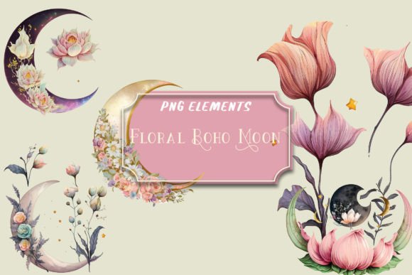 Download Watercolor Floral Boho Moon Clip Art Png - Art Collection