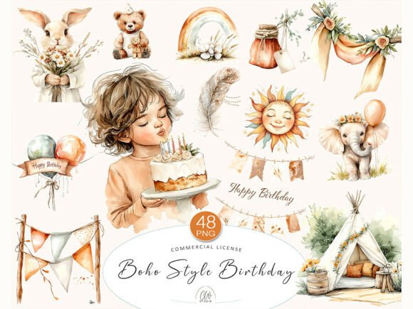 Download 48 Boho Birthday Clipart PNG Set - Art Collection